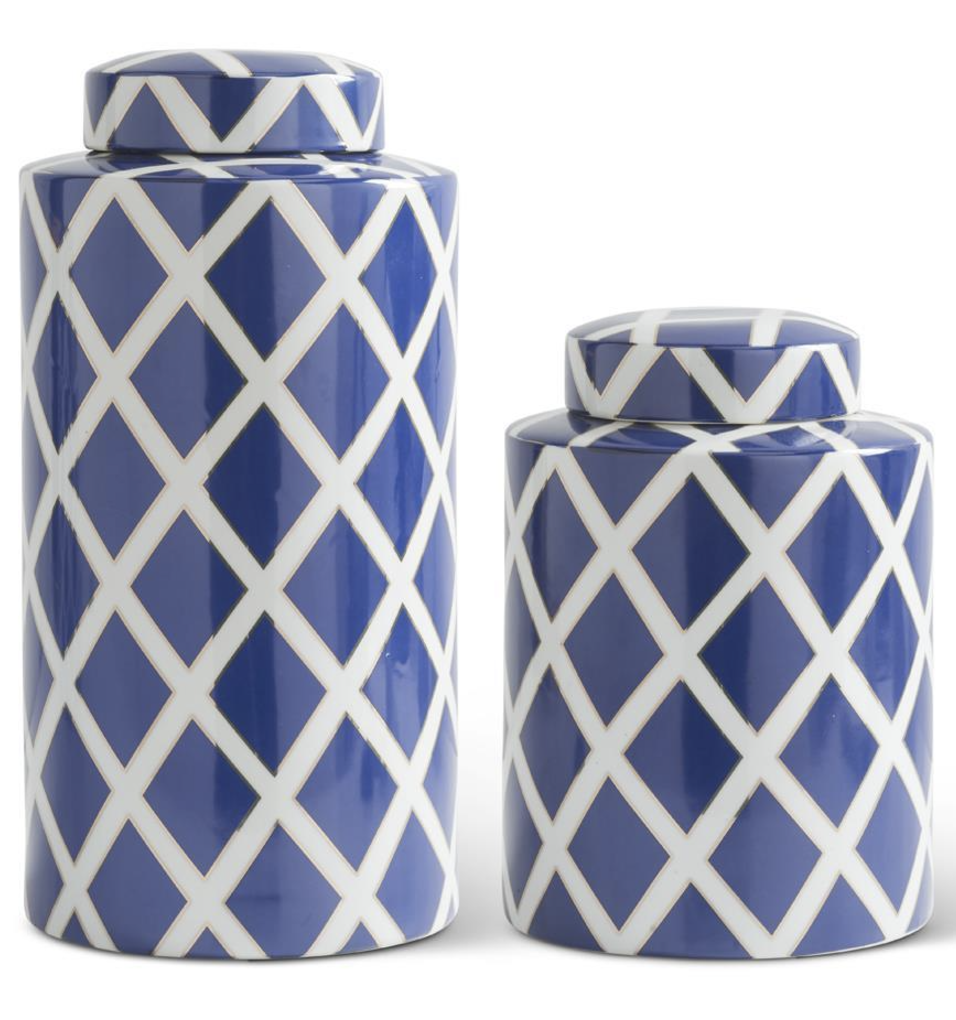 Set 2 Jarron Azul Blanco Rombo