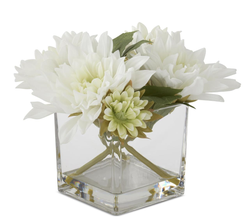 [19445A-WH] Jarron Vidrio Agua Artificial Dalia Blanco 8"