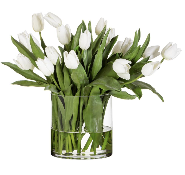 Jarron Vidrio Agua Artificial Tulipan Blanco 22"