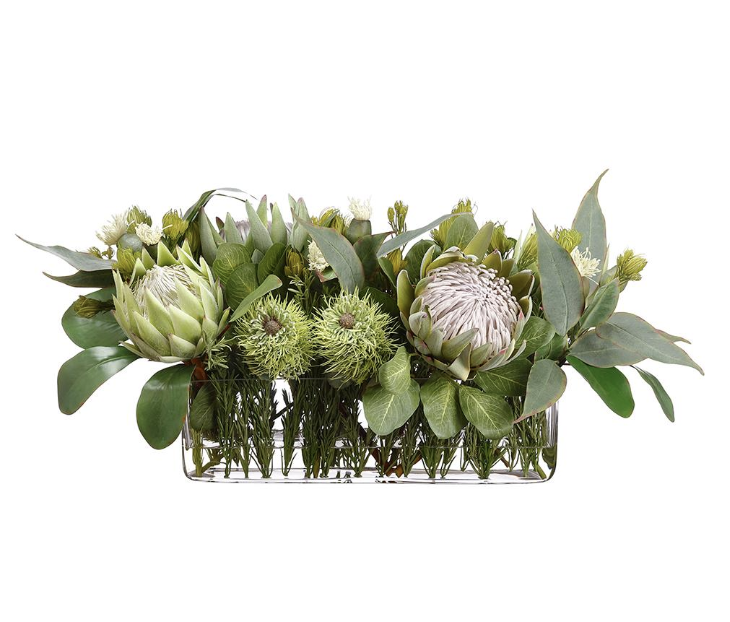 [WF9283-GR] Jarrón Agua Artificial Protea Eucalipto Romero