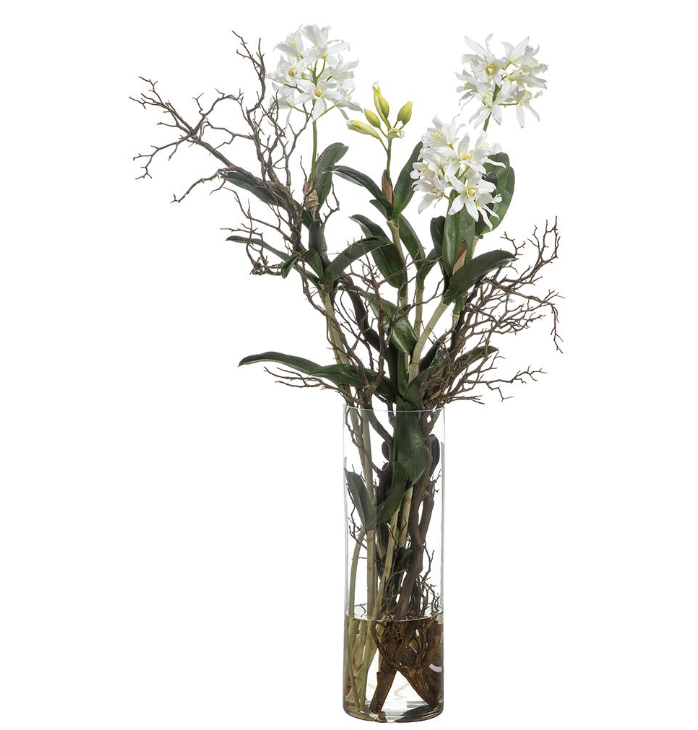 [WF0757-CR/GR] Jarron Vidrio Agua Artificial Cattleya Blanco  52"