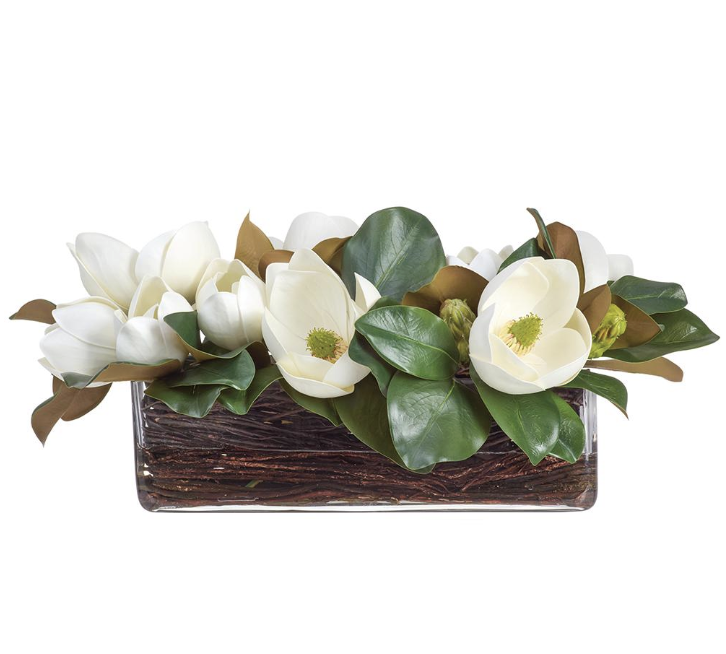 [WF0760-WH/GR] Jarron Vidrio Agua Artificial Magnolias 12"