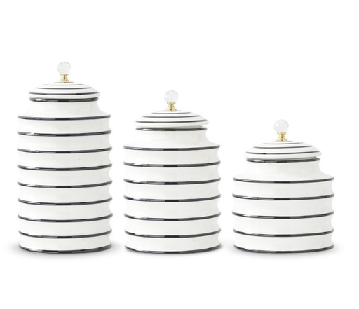 [15117A] Set 3 Jarron Rayas Blanco Con Negro Tapa