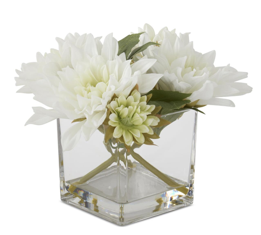 [19445A-WH] Jarron Vidrio Agua Artificial Dalia Blanco 8"