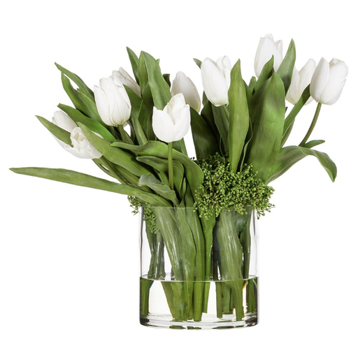 [WF0726-WH/GR] Jarron Vidrio Agua Artificial Tulipan Blanco 20"