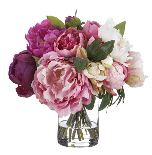 [WF1671-PK/FU] Jarron Agua Artificial Peonia Rosa 13"